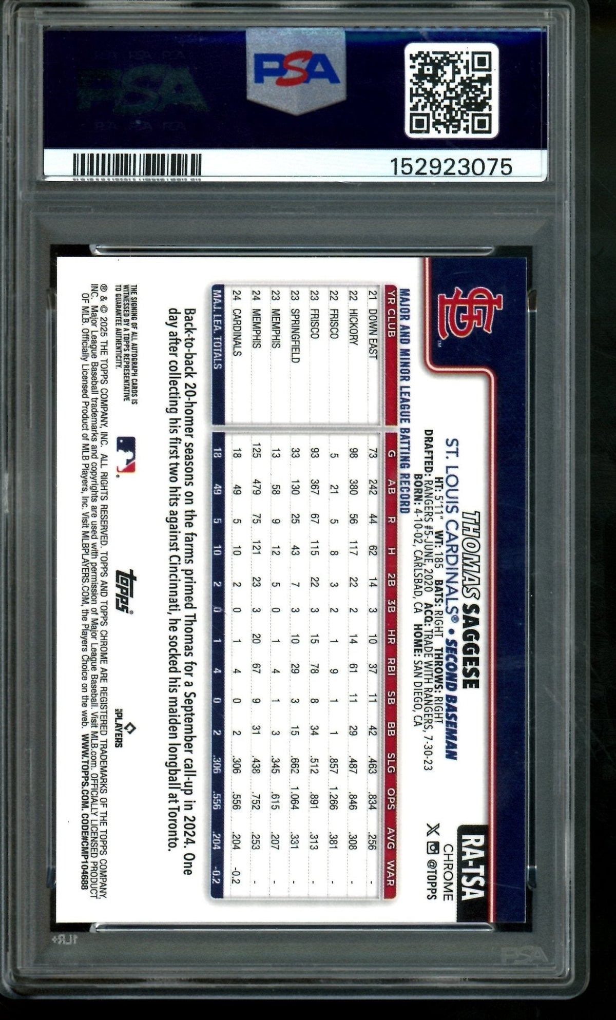 2025 Topps Chrome Update Thomas Saggese Rookie RC Autograph Magenta Lava /299 PSA 10 Cardinals