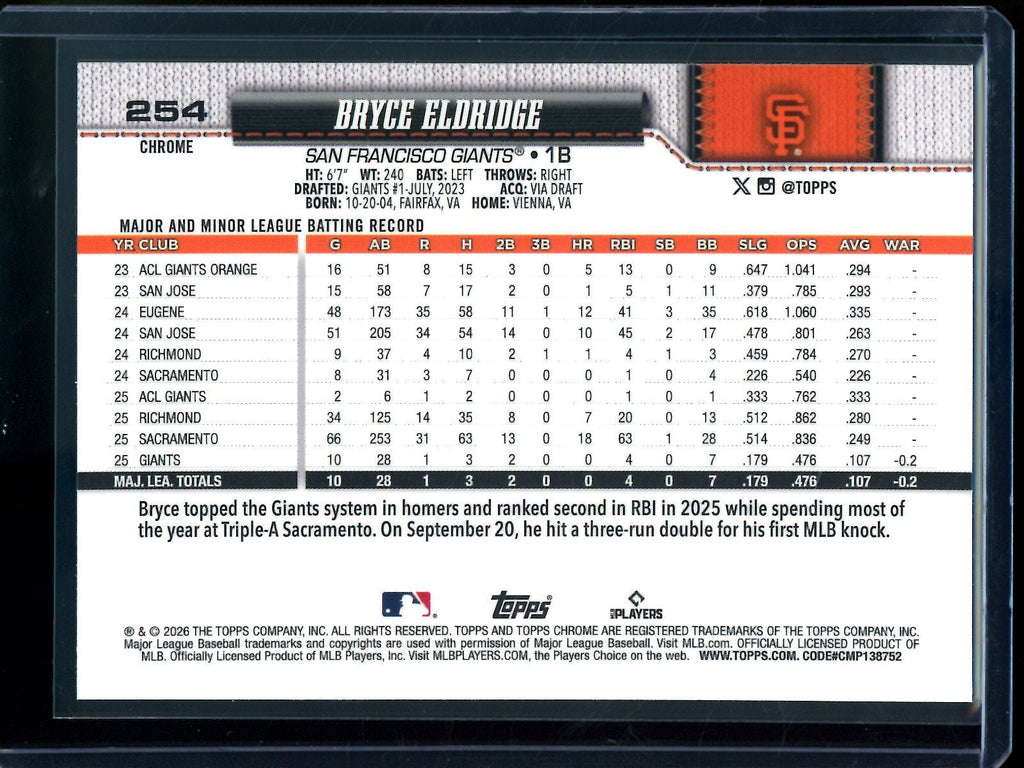 2026 Topps Chrome Bryce Eldridge Rookie RC Image Variation Refractor Giants