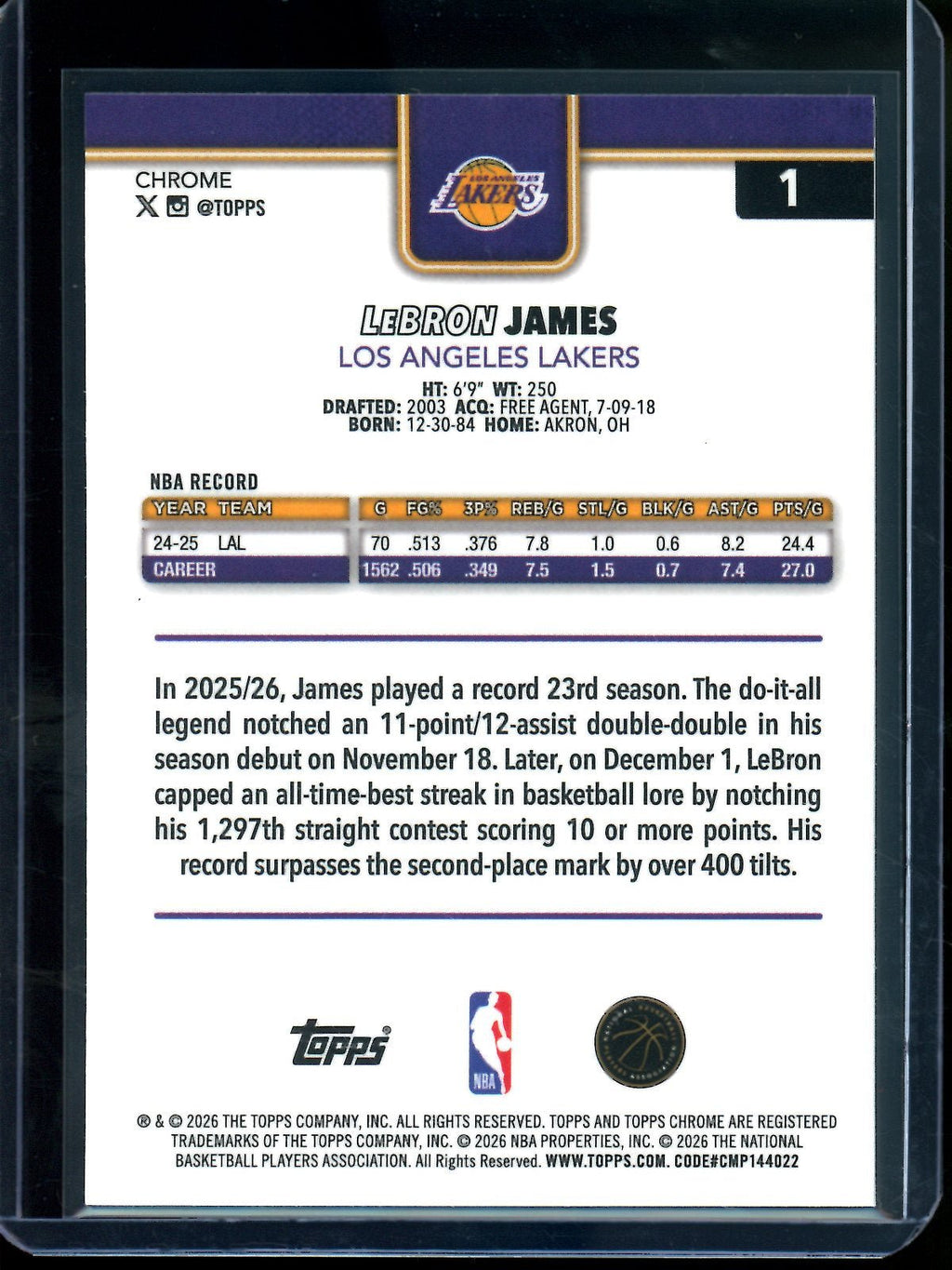 2025/26 Topps Chrome LeBron James Image Variation Mini Diamond Refractor Lakers