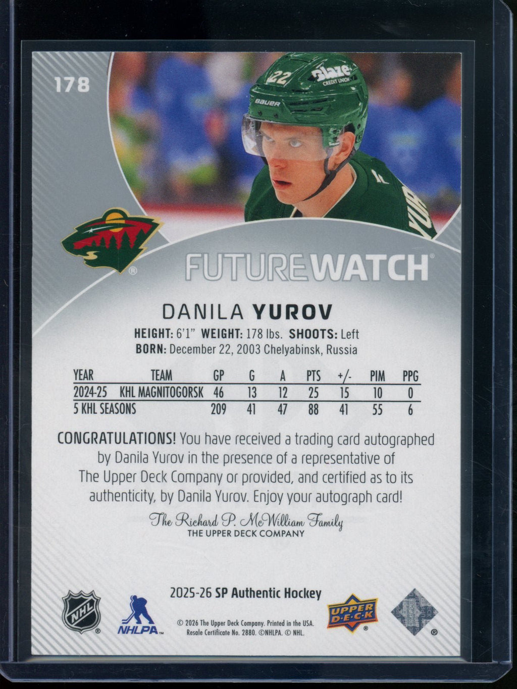2025/26 Upper Deck SP Authentic Danila Yurov Rookie RC Future Watch Autograph /999 Wild