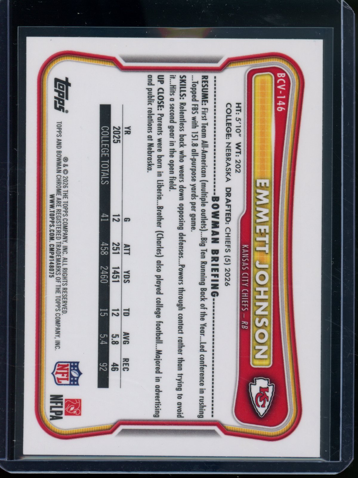 2026 Bowman Chrome Emmett Johnson Rookie RC Steel Refractor /100 Chiefs