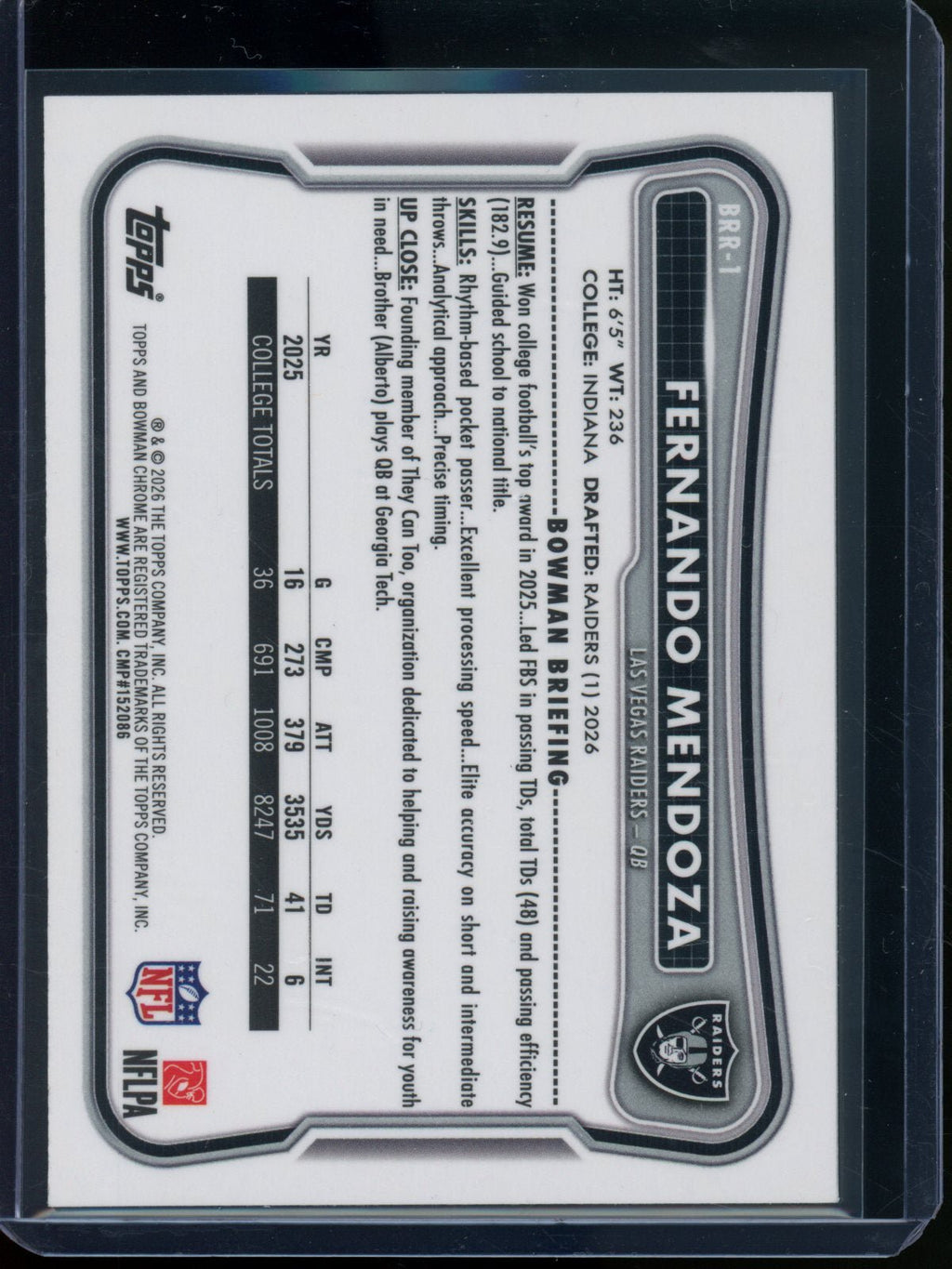 2026 Bowman Chrome Fernando Mendoza Red Rookie RC Refractor Raiders