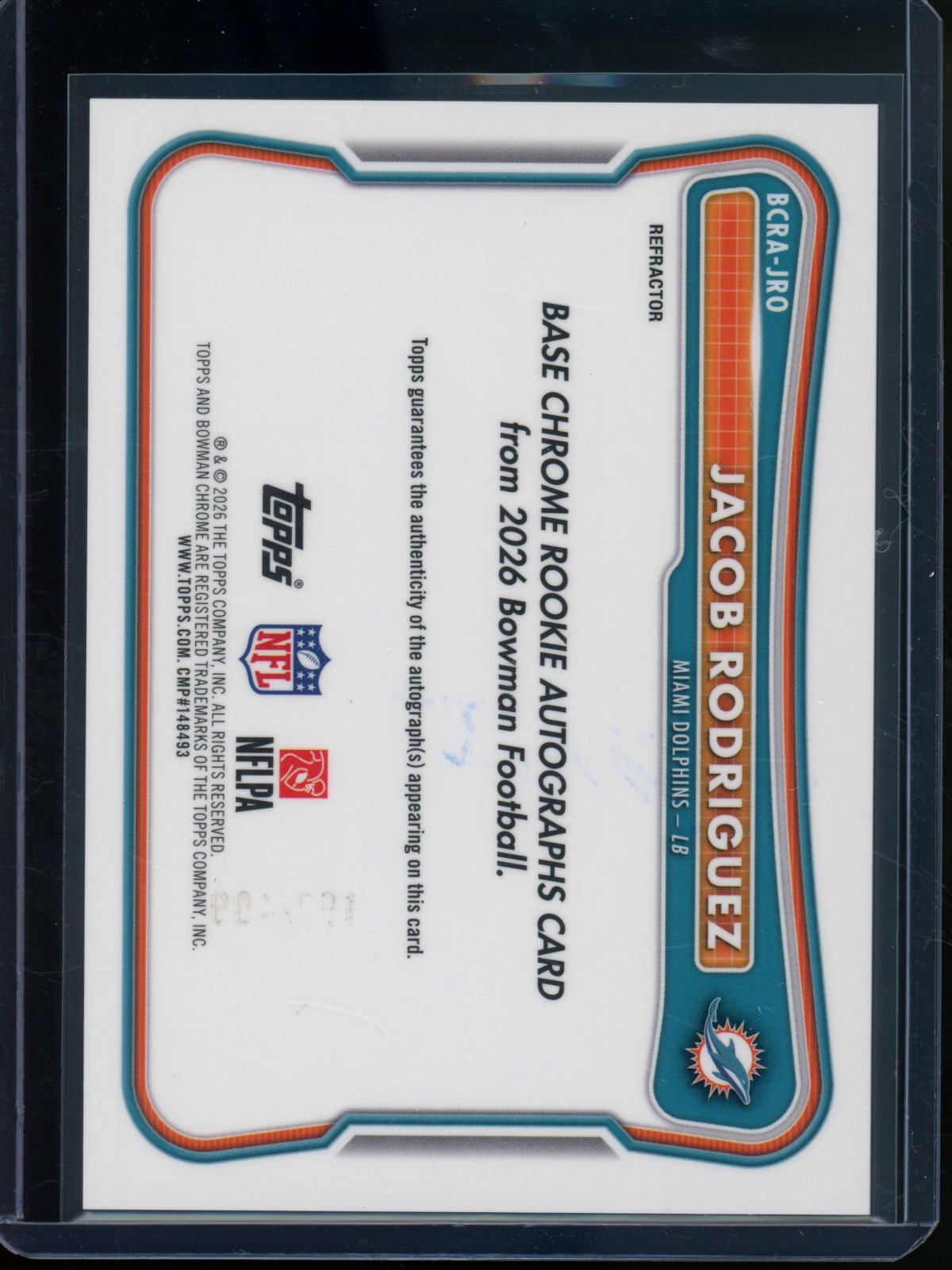 2026 Bowman Chrome Jacob Rodriguez Rookie RC Refractor Autograph /499 Dolphins