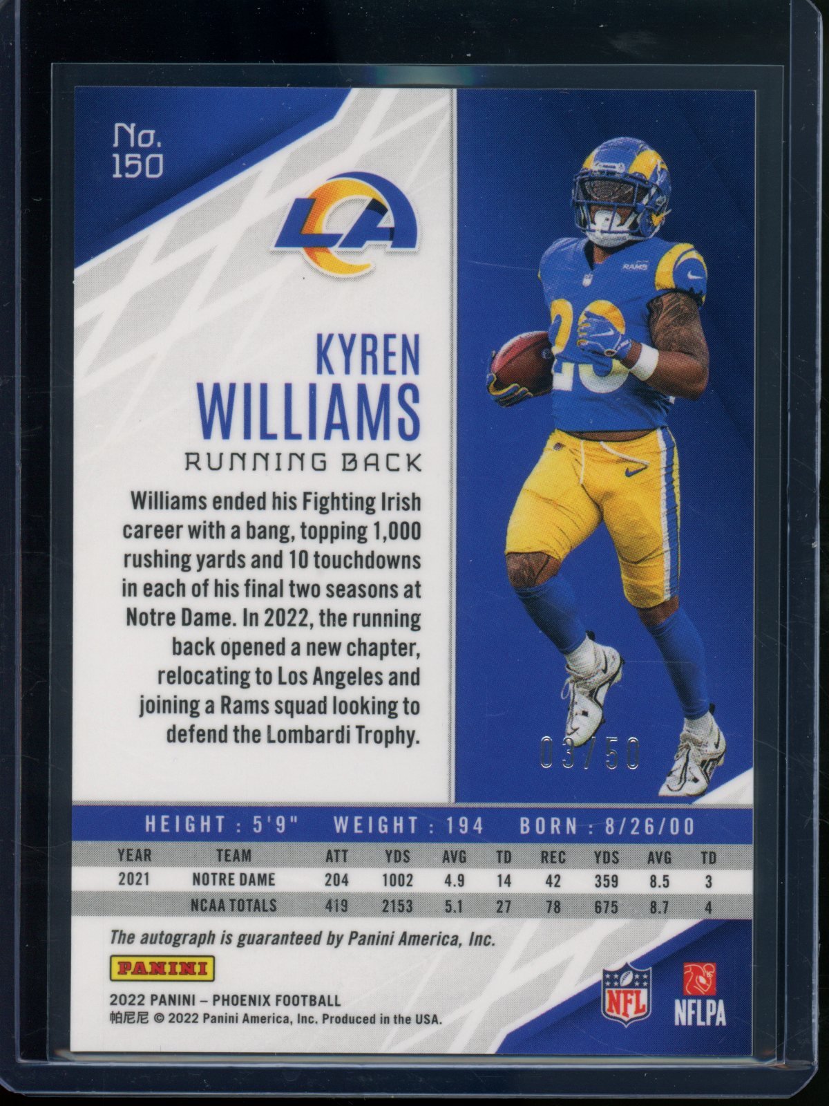2022 Panini Phoenix Kyren Williams Rookie RC Autograph /50 Rams