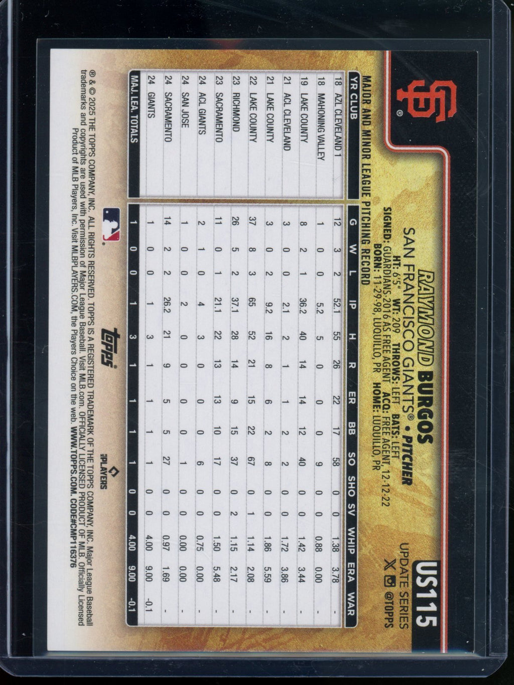 2025 Topps Flagship Raymond Burgos Rookie RC Golden Mirror SSP Giants