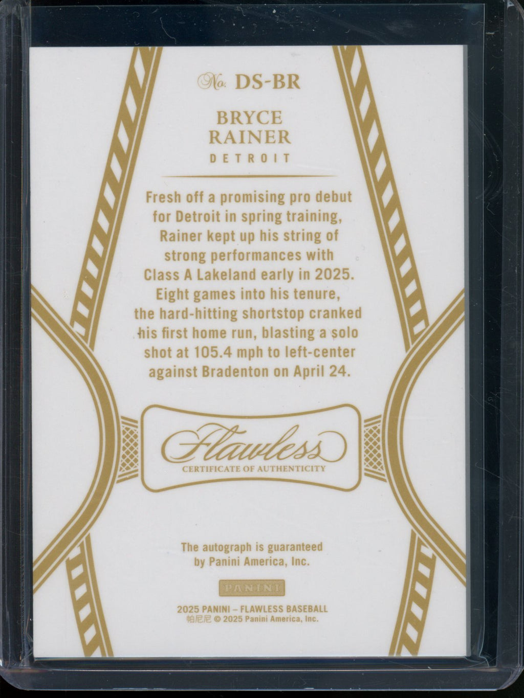 2025 Panini Flawless Bryce Rainer Autograph /20 Tigers