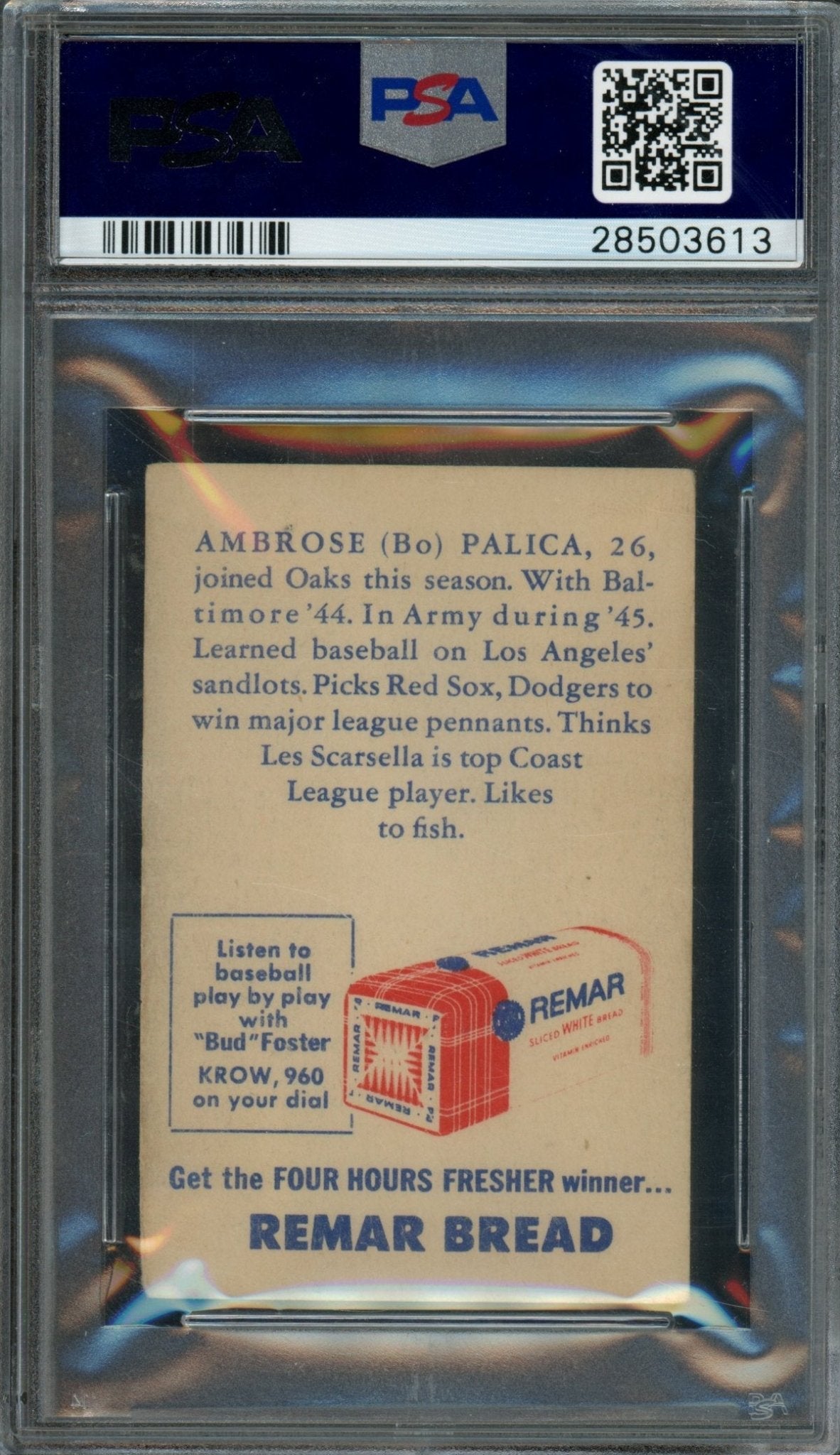1946 Remar Bread Ambrose Palica #22 PSA 3 Oakland Oaks