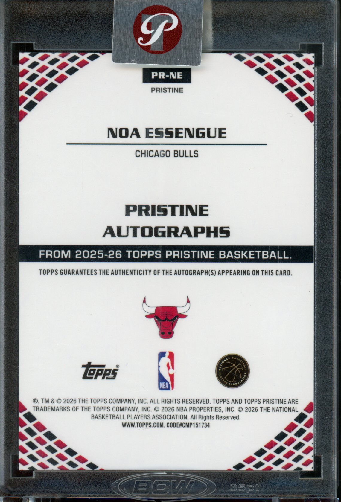 2025/26 Topps Pristine Noa Essengue Rookie RC Blue Refractor Autograph Encased /75 Bulls