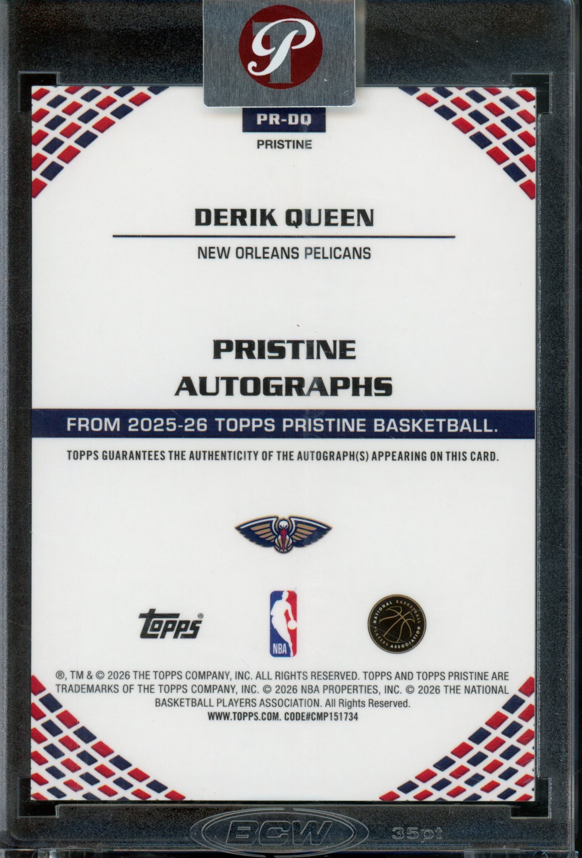 2025/26 Topps Pristine Derik Queen Rookie RC Refractor Encased Autograph Pelicans