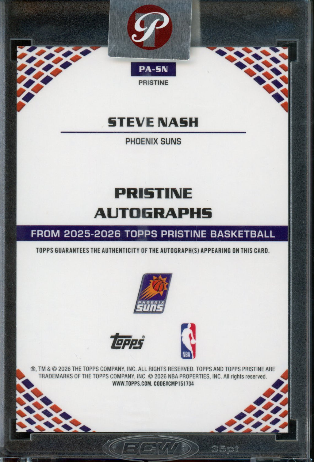 2025/26 Topps Pristine Steve Nash Purple Refractor Autograph Encased /99 Suns